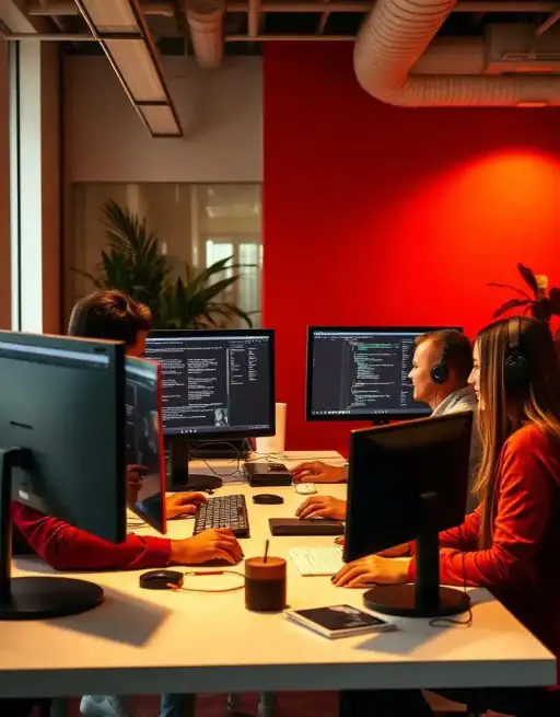 Red lit office workspace with design team